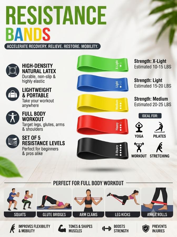 5-in-1 Resistance Loop Bands Set – Elastic Exercise Bands for Home Workout, Gym, Yoga, Pilates, and Physical Therapy Recovery